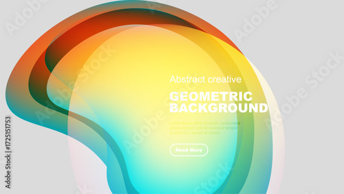 Abstract shapes overlap, creating vibrant color gradients. Text promotes further exploration. Modern design elements present clean aesthetic.