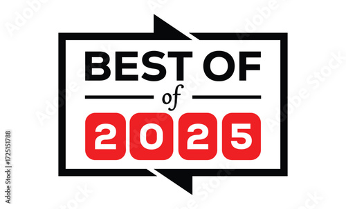 Minimalist 2025 logo design with bold black numerals above a red bar. White text "BEST OF" with rewind and play symbols inside. Clean, modern, flat graphic style on white background.	