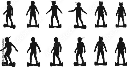 Hoverboard silhouettes, riders, futuristic design, technology, balance, scooter, motion, transport, innovation, creativity, modern lifestyle, character concept, digital art, individuality