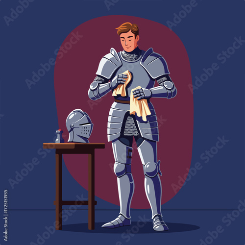 Knight polishes his armor near a table with helmet and polish bottle