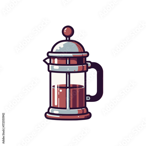 A vintage-style French press coffee maker with rich coffee, set against a minimalist background