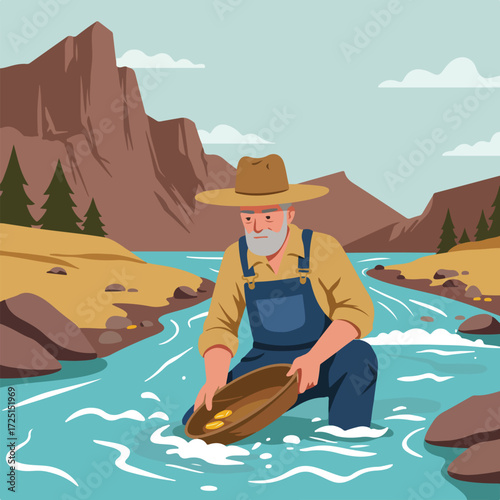 Gold prospector panning for gold in river with mountains and trees background