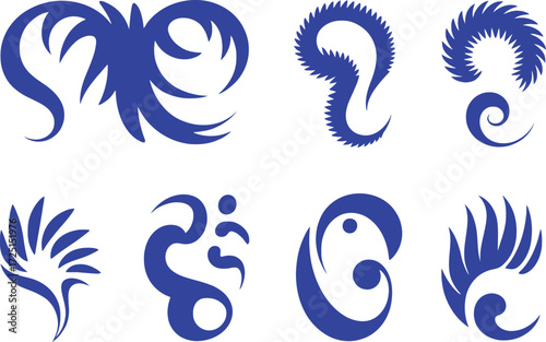 Collection of Blue Abstract Swirl and Feather-like Decorative Elements