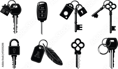 Keys and keychains collection, car key fob, skeleton keys, house key, padlock, feather charm, vintage design, silhouette illustration set