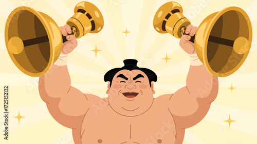 Excited sumo wrestler silhouette raising golden trophies in victory celebration with sparkling background silhouette