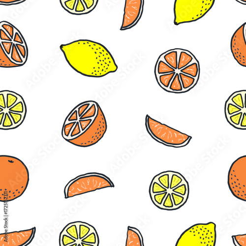 Vector seamless pattern with freehand drawn cartoon oranges and lemons on white background
