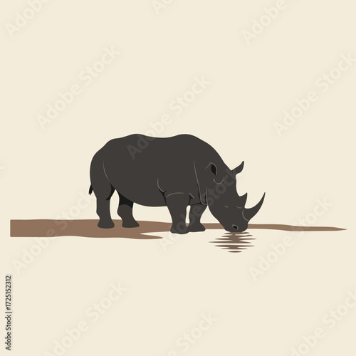 Stylized rhino drinking from pool, simple background