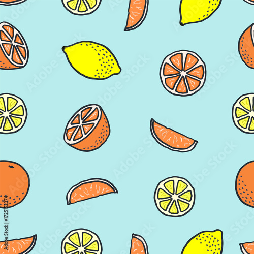 Vector seamless pattern with freehand drawn cartoon oranges and lemons on cyan background