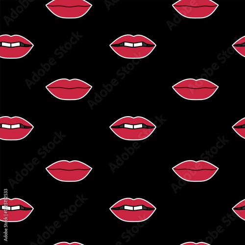Vector seamless pattern with red lips on black background