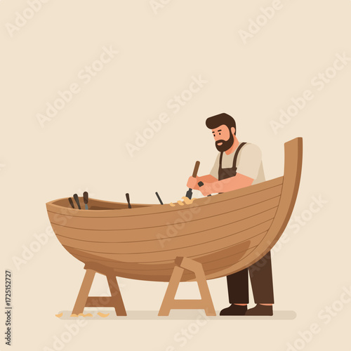 Bearded man shapes a small wooden boat hull on a stand
