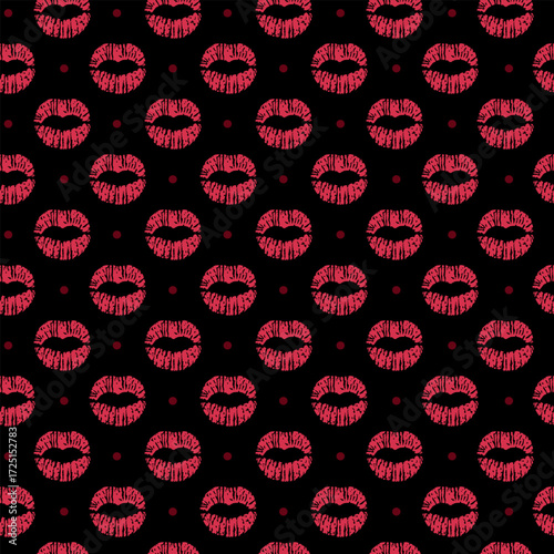 Vector seamless pattern with red lips prints on black background with polka dots