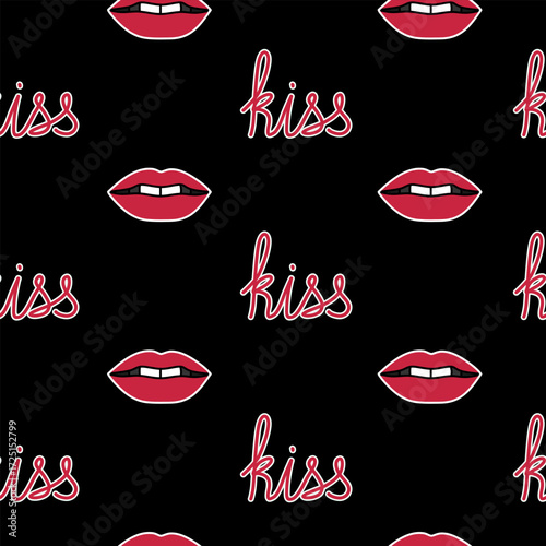 Vector seamless pattern with red lips and word kiss on black background