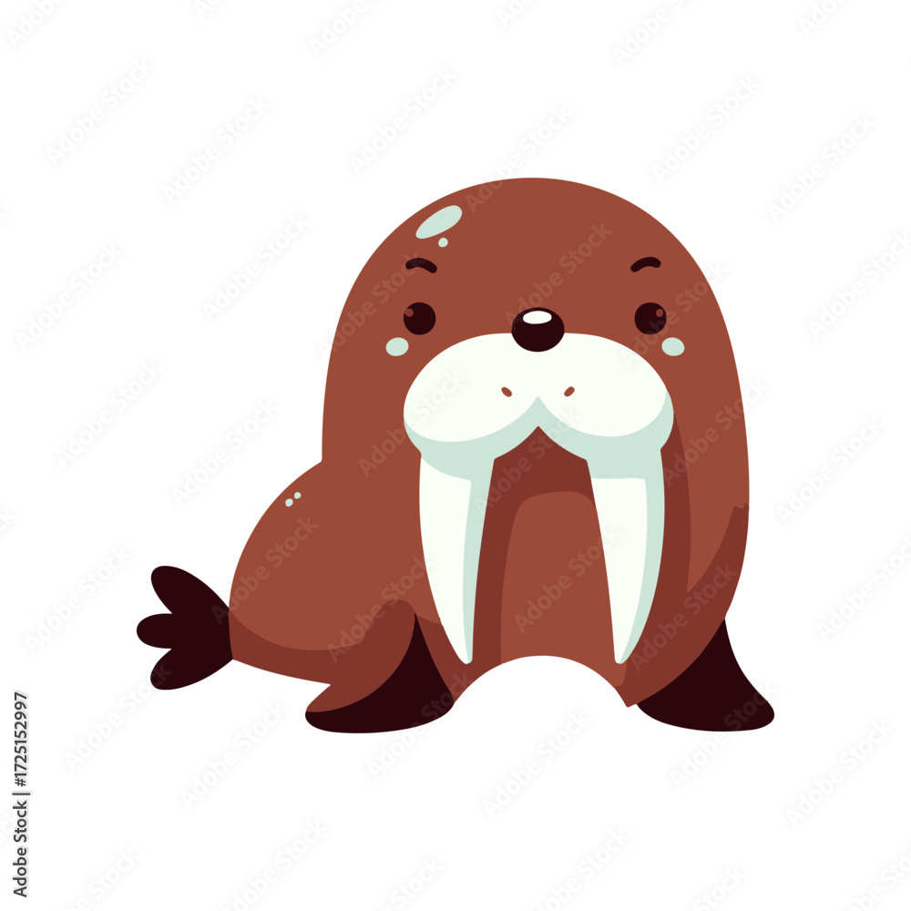Obraz premium Cartoon walrus sitting playfully with a cheerful expression, set against a simple white background