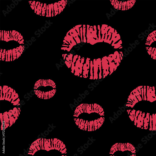 Vector seamless pattern with red lips prints on black background