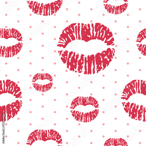 Vector seamless pattern with red lips prints on white background with polka dots