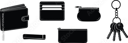 Minimalist black silhouette set of wallet, cardholder, coin purse, money clip, pouch, and keyring icons for finance, accessories, organization, storage