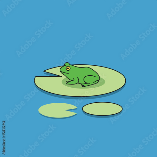 Cartoon frog sits on a lily pad in a blue pond, with two more lily pads