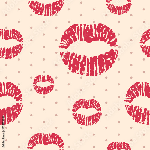 Vector seamless pattern with red lips prints on beige background with polka dots