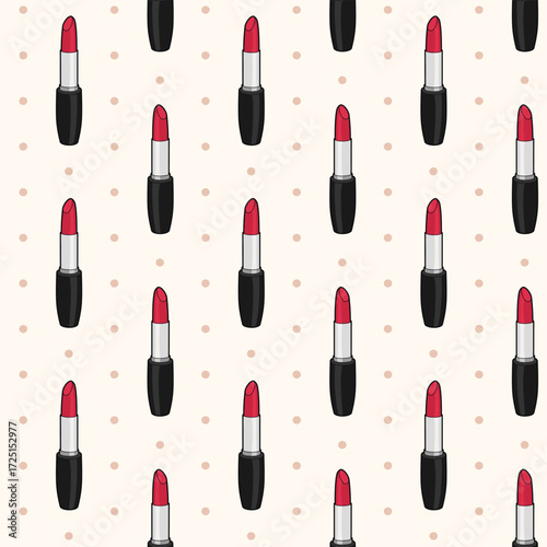 Vector seamless pattern with red lipsticks on beige background with polka dot