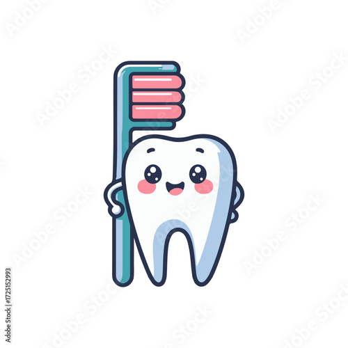 Cartoon tooth character happily holding a toothbrush, promoting dental hygiene in a cheerful setting