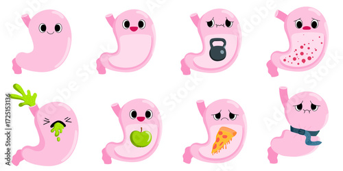 Cartoon stomach set. Digestive problems, heartburn, gastritis, atony, nausea, Helicobacter. Cartoon human internal organs. Stock vector illustration isolated on white background.