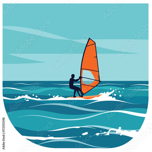 Silhouette windsurfer sailing, on blue waves under a turquoise sky with clouds