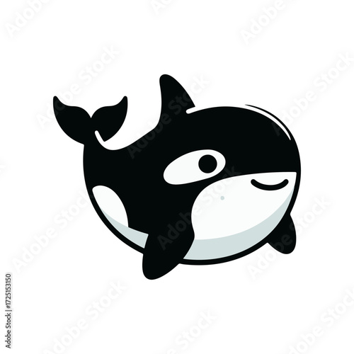 Cartoon-style orca whale swimming playfully in a simplistic ocean setting