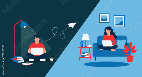 Remote work collaboration and connection across distances in modern offices and homes vector