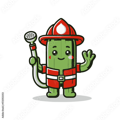 Cheerful cartoon cucumber dressed as a firefighter, holding a hose, against a simple white background