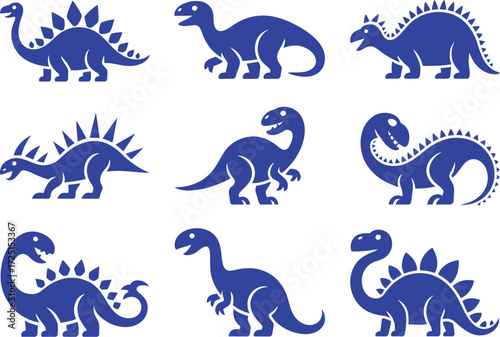 Collection of Blue Dinosaur Silhouettes on White Background