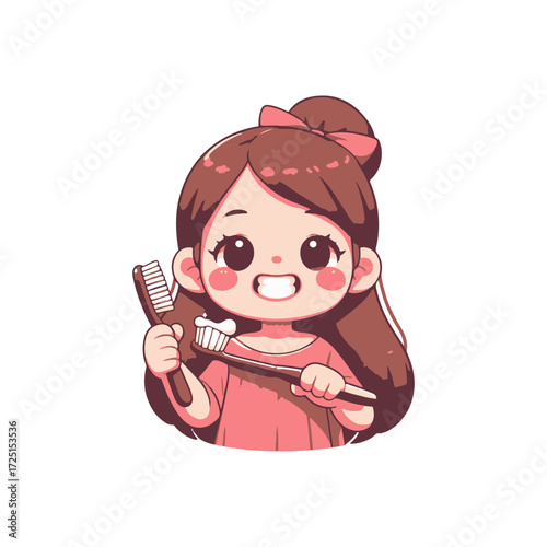 Cheerful girl holding toothbrushes, promoting dental hygiene in a bright, playful setting