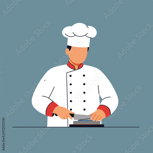 Chef sharpens a knife on a whetstone, wearing a hat, against blue background