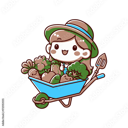Cheerful gardener pushing a wheelbarrow filled with fresh vegetables in a sunny garden