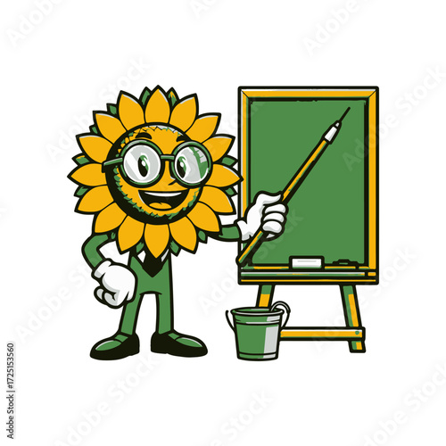 Cheerful sunflower character in glasses teaching at a green chalkboard, with a paint bucket nearby