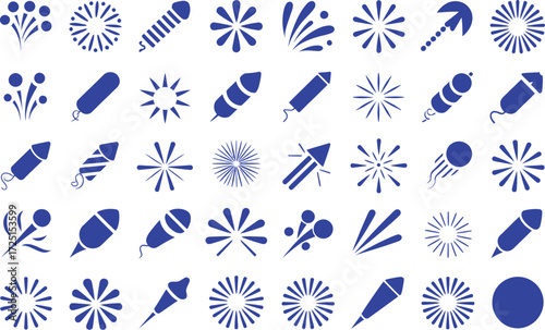 Collection of Blue Fireworks and Explosions Icons on White Background