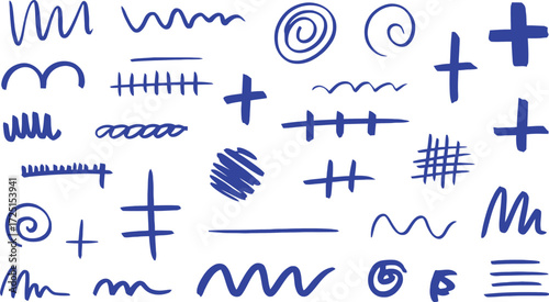 Collection of Blue Hand-Drawn Scribbles and Symbols on White Background