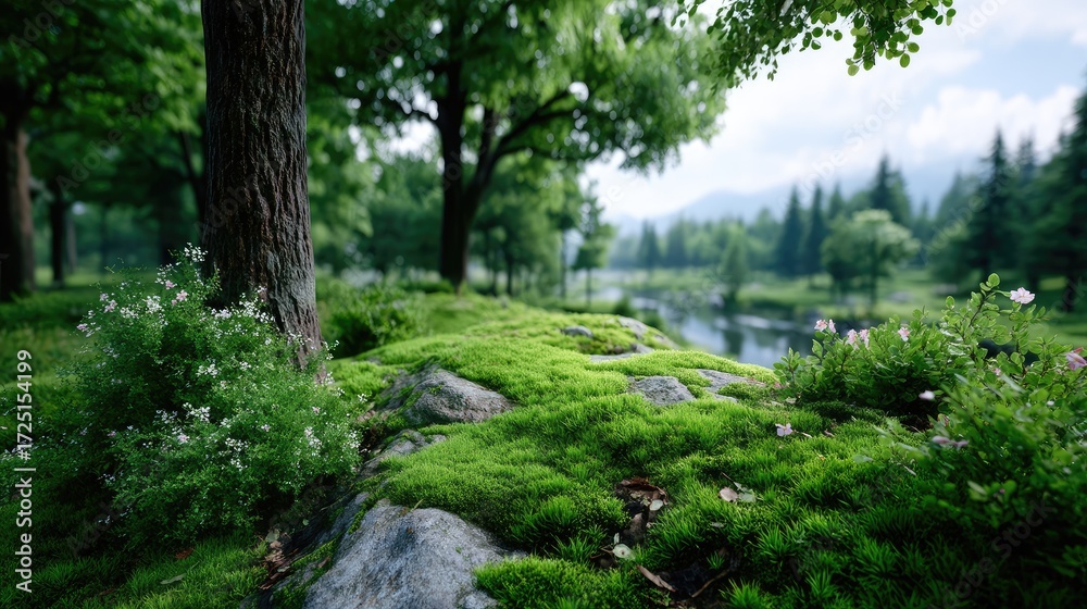 Fototapeta premium Lush Green Mossy Landscape with Trees and River in Background Under Cloudy Sky Outdoor Scenery Photography Tranquil Nature Scene