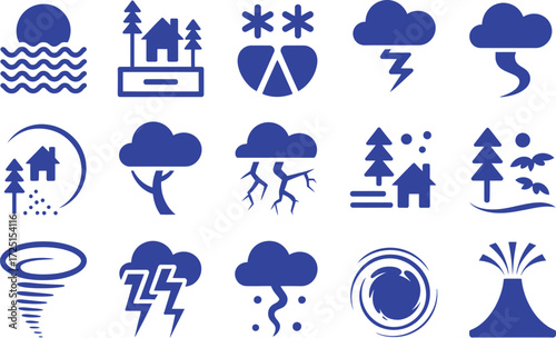 Collection of Blue Icons Representing Natural Disasters and Weather Events