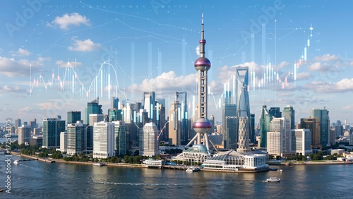 Futuristic Cityscape with Overlay of Financial Market Data and Stock Charts Under a Blue Sky