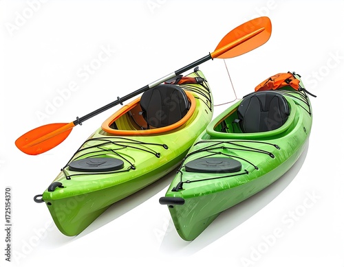 Two vibrant green recreational kayaks with orange paddles, angled slightly, isolated on a white background, showcasing their molded seats and storage