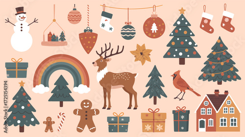 Whimsical christmas elements including a snowman reindeer gingerbread man presents trees and festive ornaments in a charming silhouette style