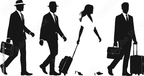 Silhouette business travelers walking with luggage, corporate professionals commuting, airport travel concept, business trip mobility, teamwork journey and professional lifestyle