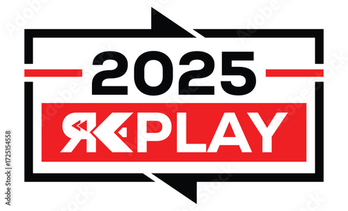 Minimalist 2025 logo design with bold black numerals above a red bar. White text "REPLAY" with rewind and play symbols inside. Clean, modern, flat graphic style on white background.