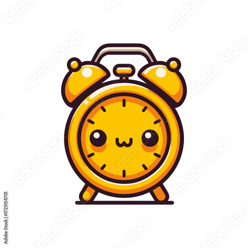 Cute cartoon alarm clock with a smiling face, set against a simple white background, ideal for children's decor