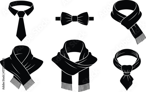 Silhouette neckwear styles fashion accessories, necktie bow tie scarf illustration, clothing design elements, formal and casual wear concept vector