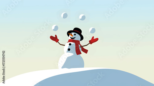 A cheerful snowman wearing a hat and scarf juggles snowballs in a winter landscape silhouette