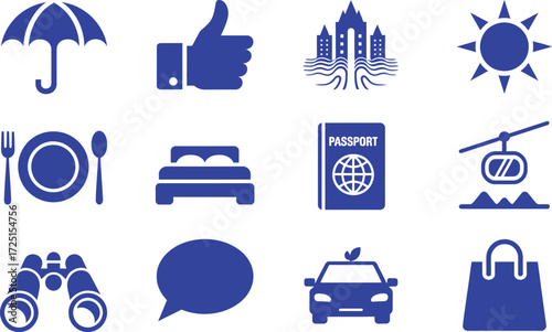 Collection of Blue Icons Representing Travel, Leisure, and Services