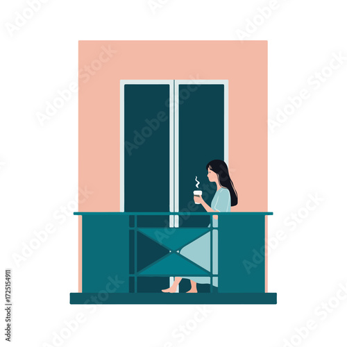 Woman on balcony drinking coffee, minimal style, calming colors