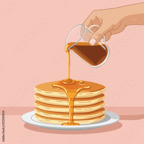 Syrup being poured from a glass pitcher onto a stack of pancakes on a plate