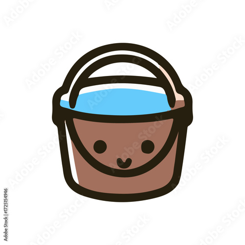 Cute cartoon bucket filled with blue water, set against a simple white background, ideal for children's illustrations